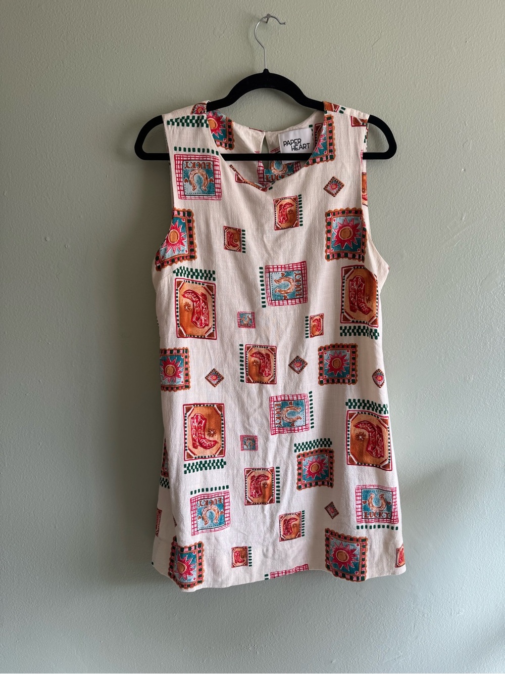 Paper Heart Cream Sleeveless Mini Dress with Colorful Tile Print